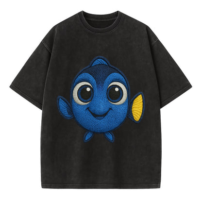 Baby Blue Tang - bright blue with yellow tail, big eyes, front-facing, Dory-style - Vintage T-shirt - Black