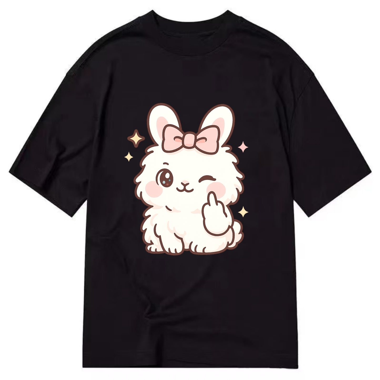 fluffy white angora rabbit with pink bow, one paw delicately flipping off - Classic T-shirt - Black