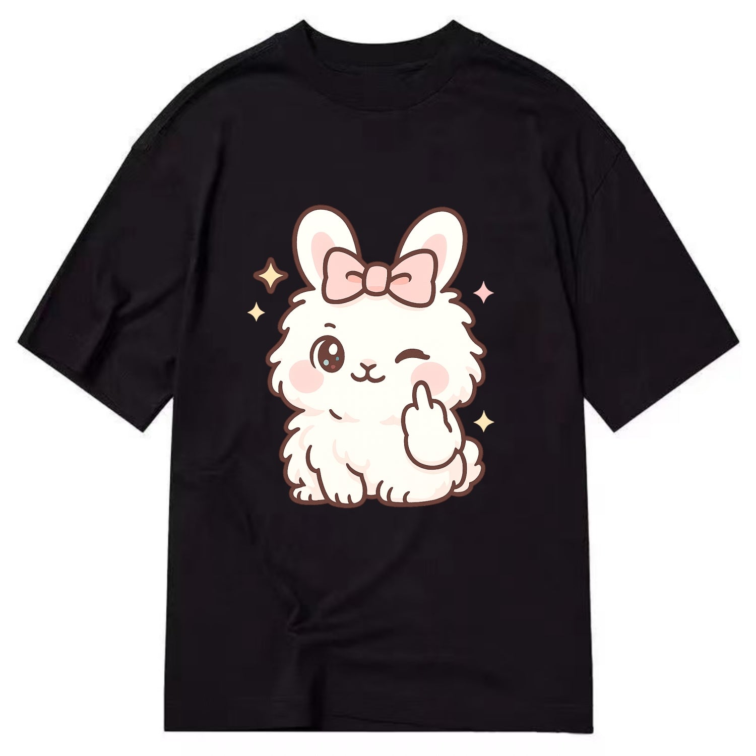 fluffy white angora rabbit with pink bow, one paw delicately flipping off - Classic T-shirt - Black