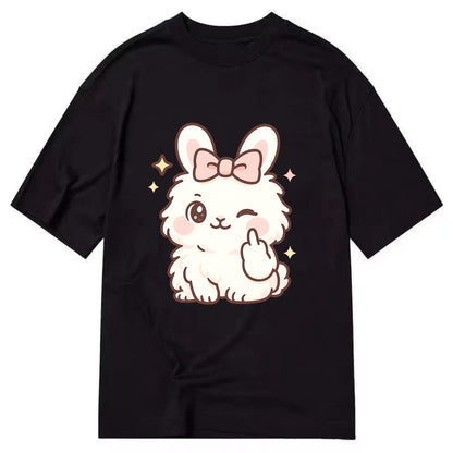 fluffy white angora rabbit with pink bow, one paw delicately flipping off - Classic T-shirt - Black