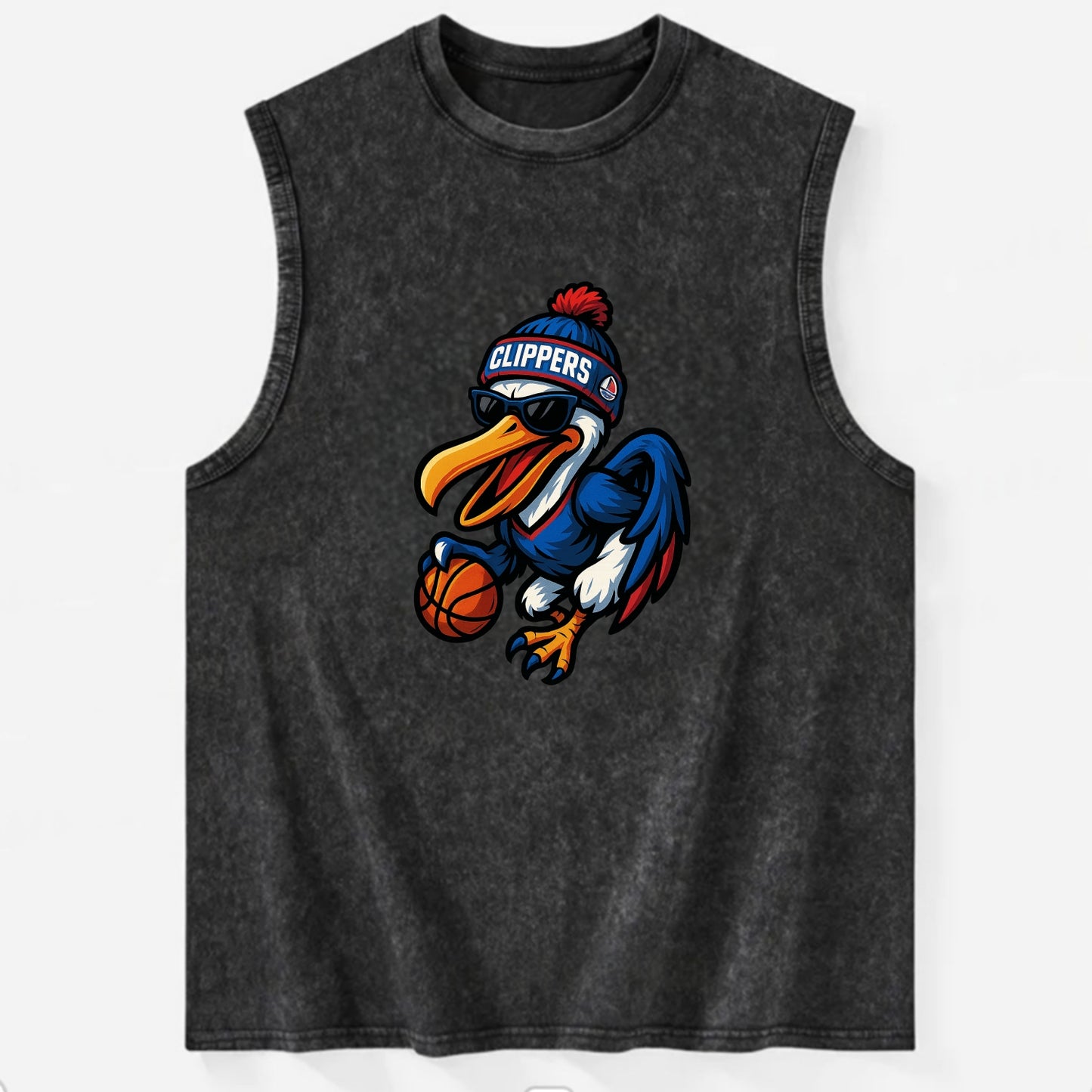 Los Angeles Pelican wearing Clippers beanie with sailboat patch and wayfarer - Vintage Washed Tank - Black