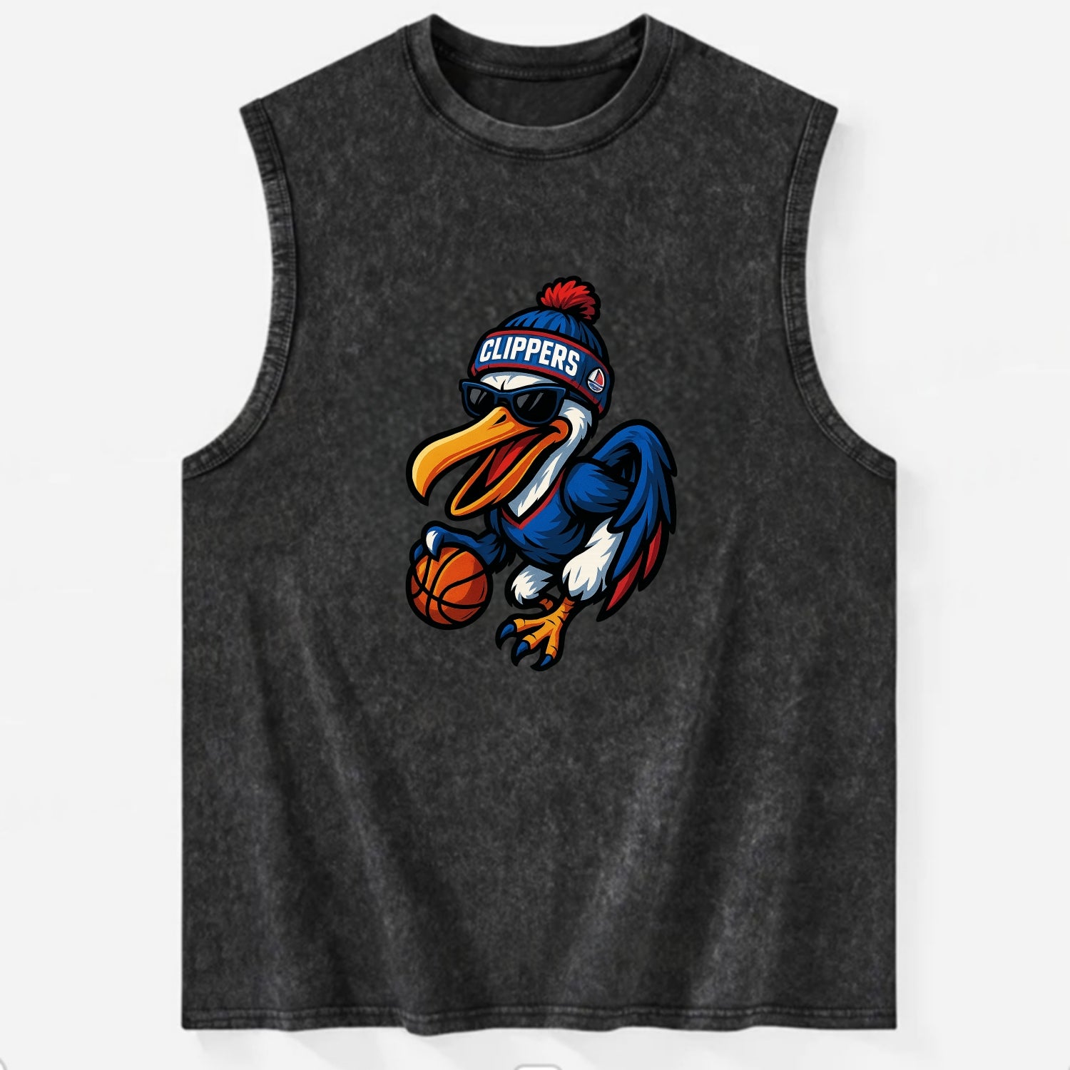 Los Angeles Pelican wearing Clippers beanie with sailboat patch and wayfarer - Vintage Washed Tank - Black