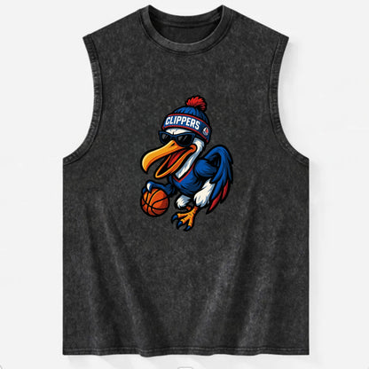 Los Angeles Pelican wearing Clippers beanie with sailboat patch and wayfarer - Vintage Washed Tank - Black