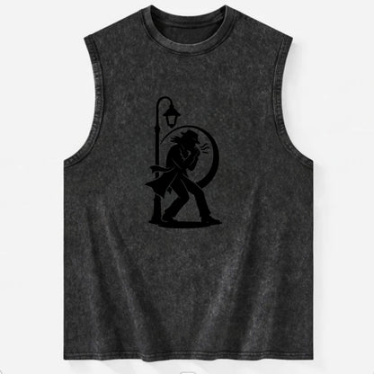 Blues harmonica player under streetlight - Vintage Washed Tank - Black