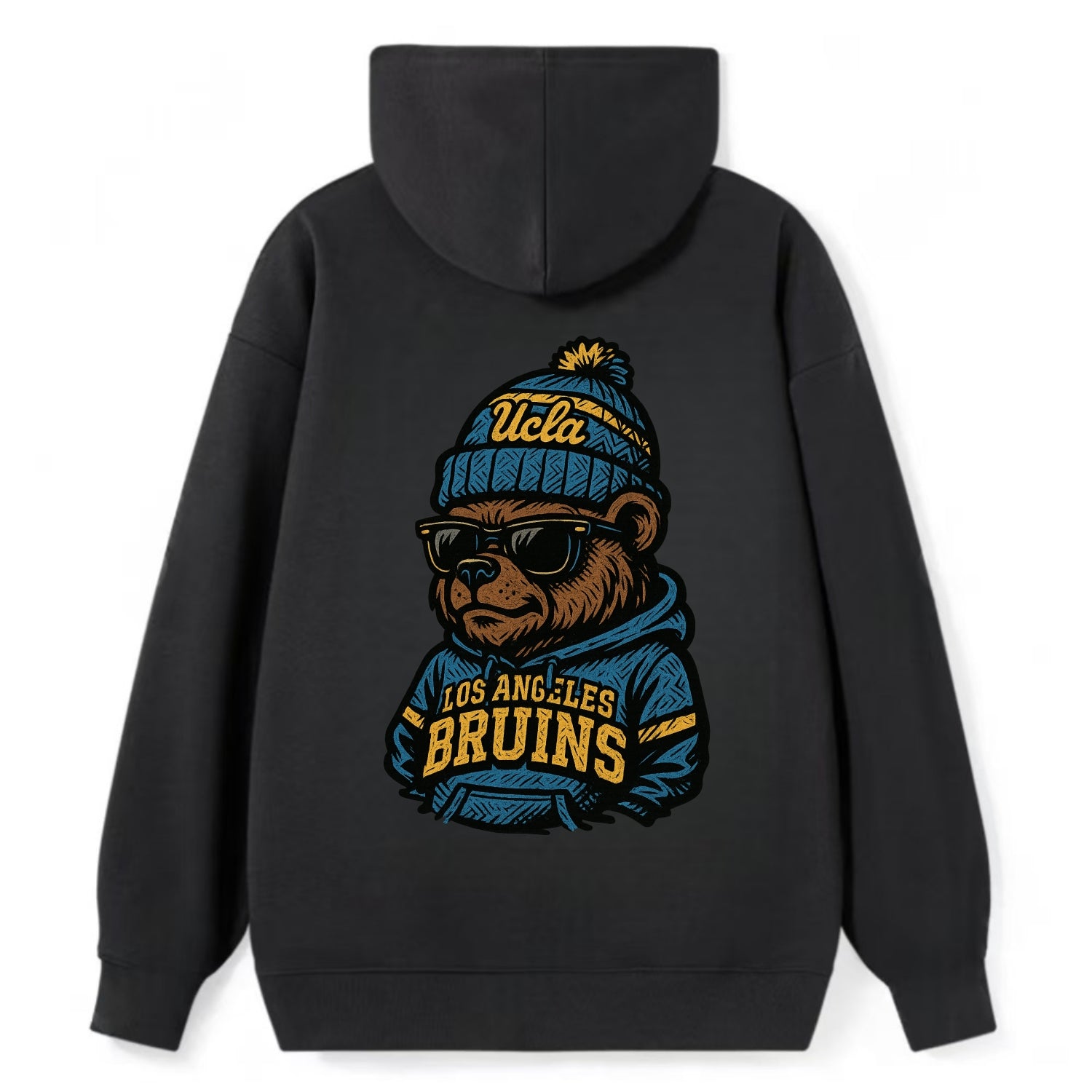 Los Angeles Bruin wearing UCLA beanie with script patch - Classic Pullover Hoodie - Black