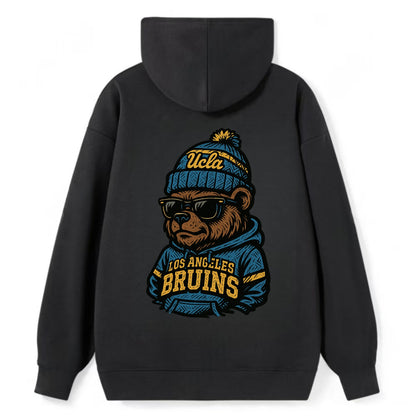 Los Angeles Bruin wearing UCLA beanie with script patch - Classic Pullover Hoodie - Black