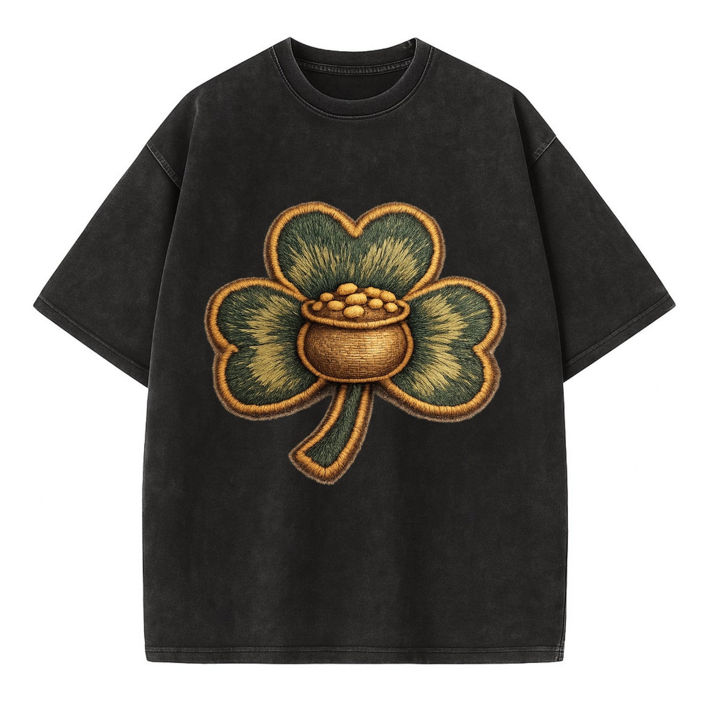 ST PATRICKS CLOVER - lucky clover with gold in green and gold , Irish luck - Vintage T-shirt - Black