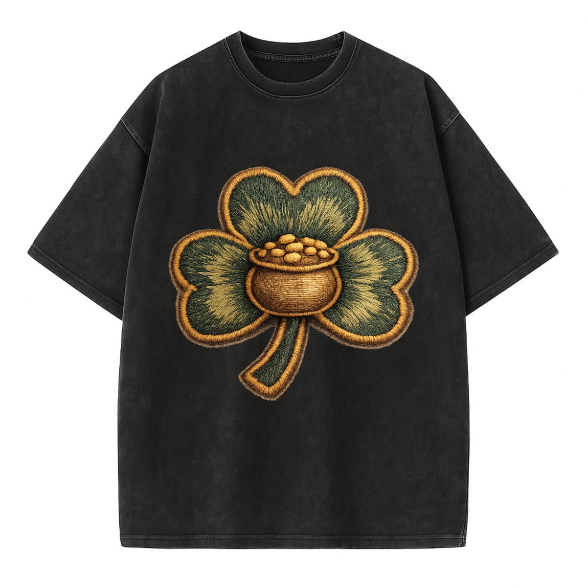 ST PATRICKS CLOVER - lucky clover with gold in green and gold , Irish luck - Vintage T-shirt - Black