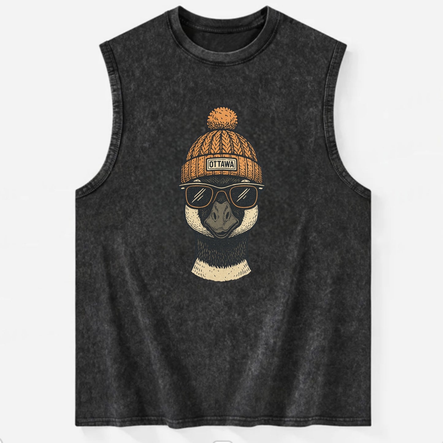 Ottawa Canadian Goose wearing Ottawa beanie with pom pom and wayfarer - Vintage Washed Tank - Black
