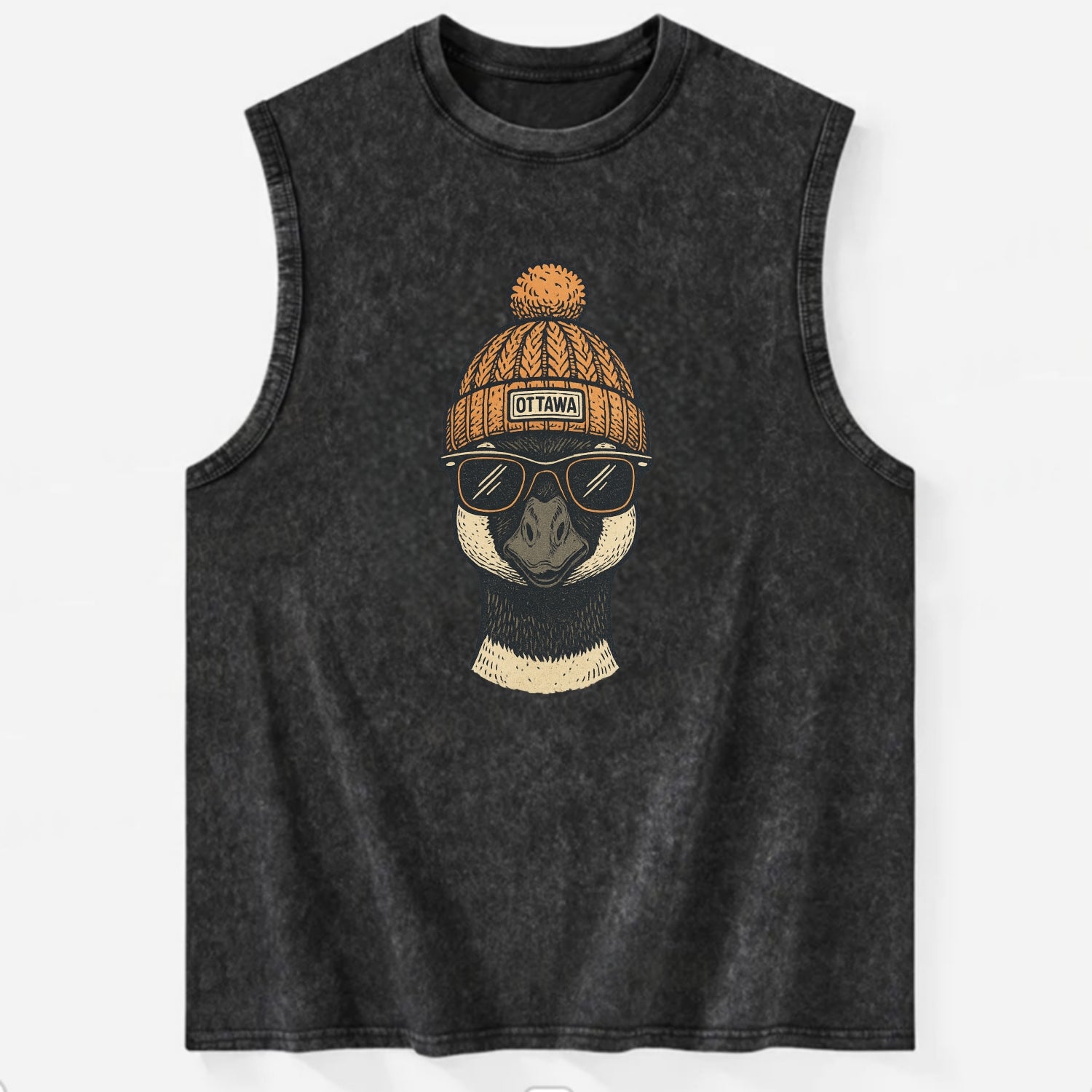 Ottawa Canadian Goose wearing Ottawa beanie with pom pom and wayfarer - Vintage Washed Tank - Black