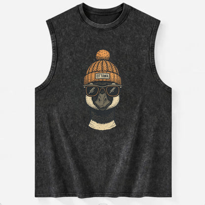 Ottawa Canadian Goose wearing Ottawa beanie with pom pom and wayfarer - Vintage Washed Tank - Black