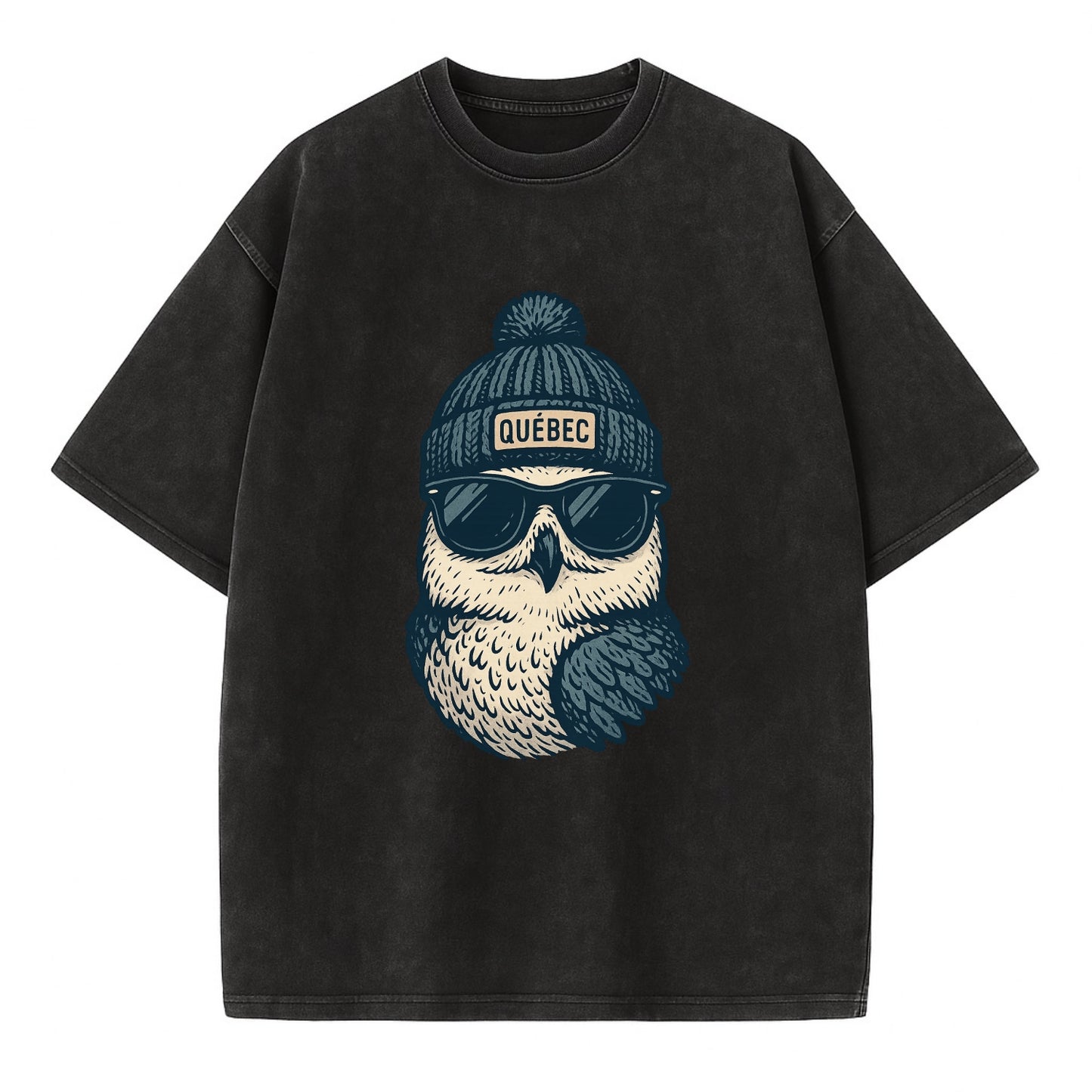 Quebec City Snowy Owl wearing Quebec bea - Vintage T-shirt - Black