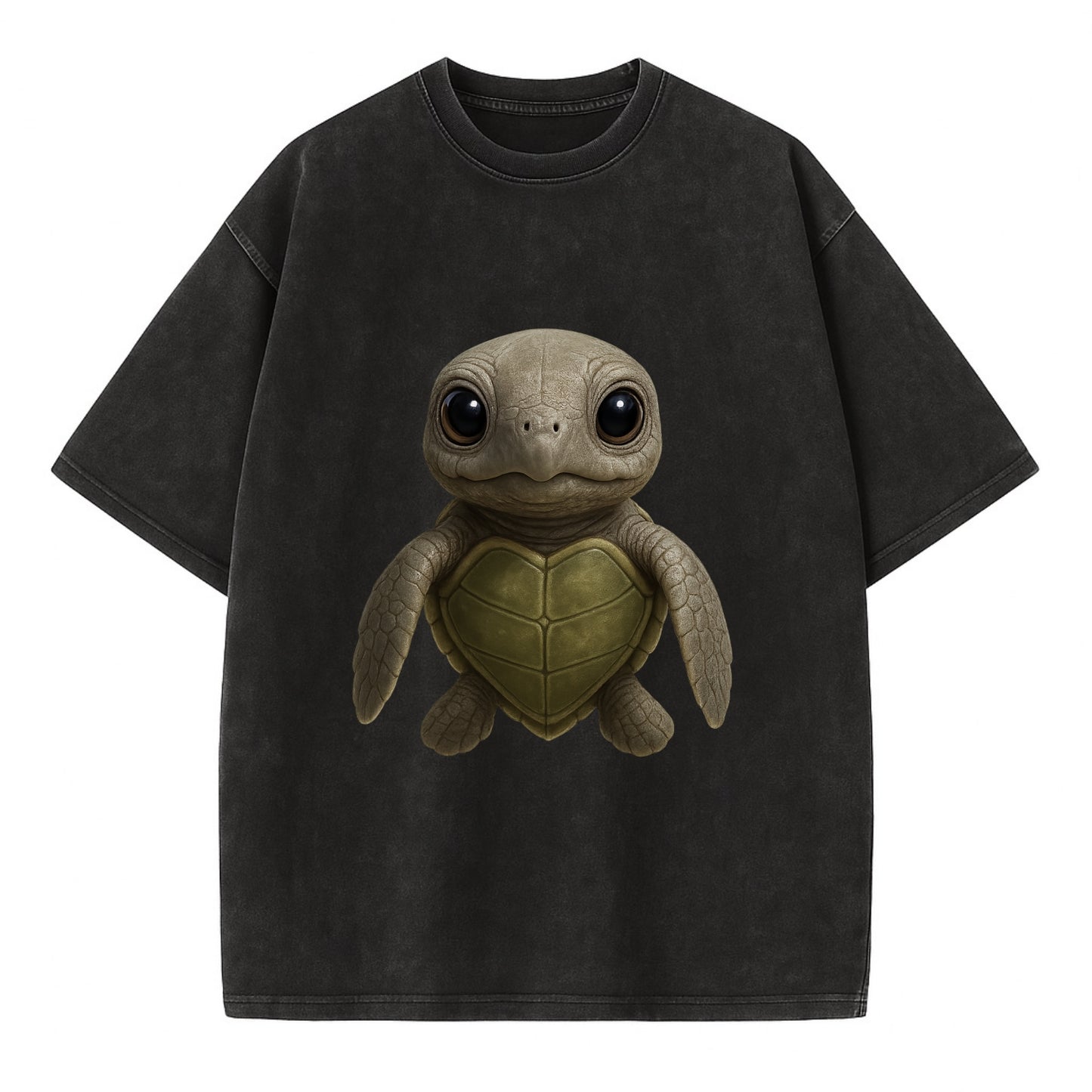 Baby Olive Ridley Turtle - olive green shell, heart-shaped carapace, bright eyes, - Vintage T-shirt - Black