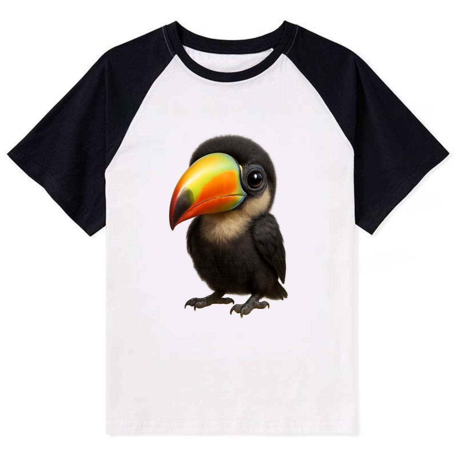 Baby Toucan - oversized colorful beak, black feathers, bright eyes, - Contrast Raglan T-shirt - Black