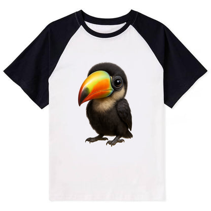 Baby Toucan - oversized colorful beak, black feathers, bright eyes, - Contrast Raglan T-shirt - Black