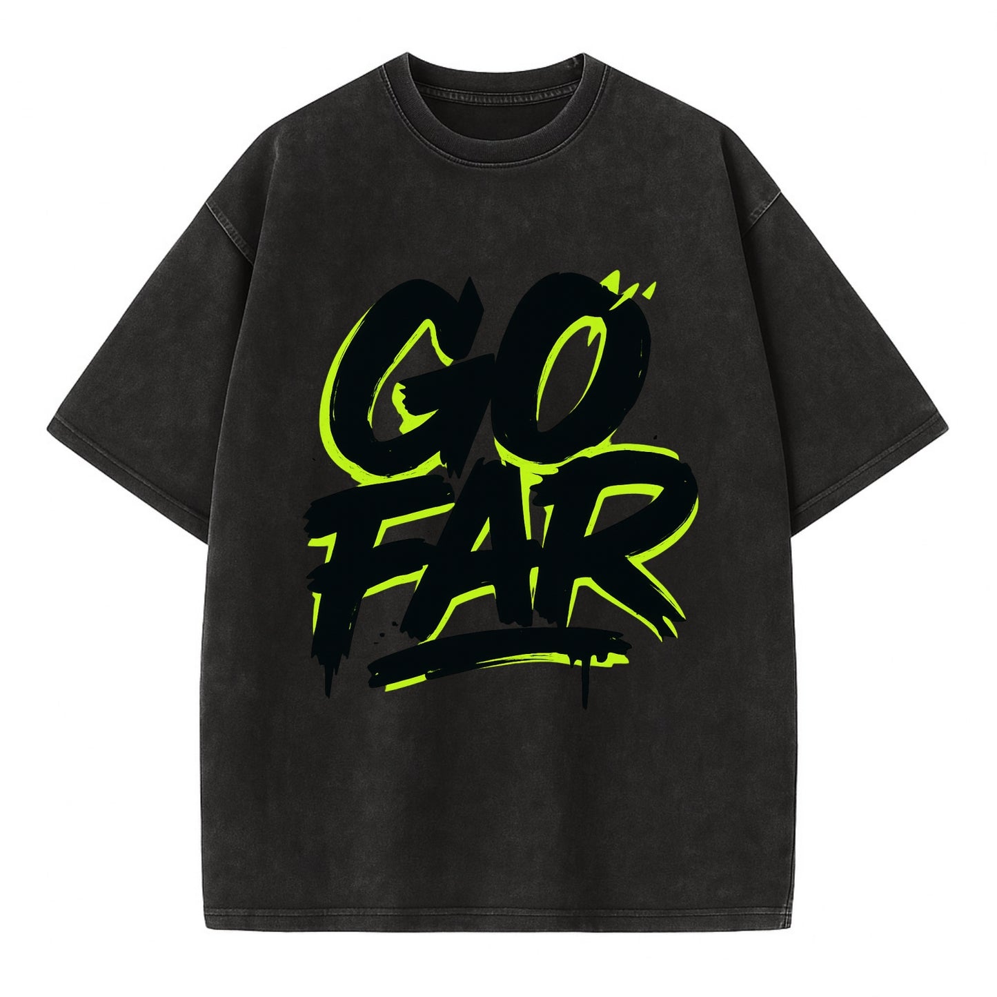 Bold typography design - "GO FAR" - distance goals, pushing limits - Vintage T-shirt - Black