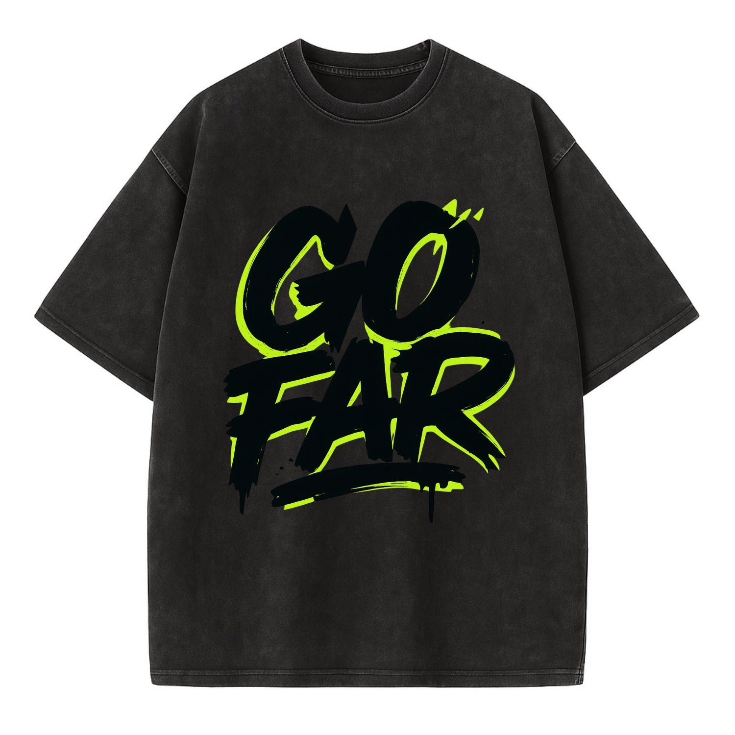 Bold typography design - "GO FAR" - distance goals, pushing limits - Vintage T-shirt - Black