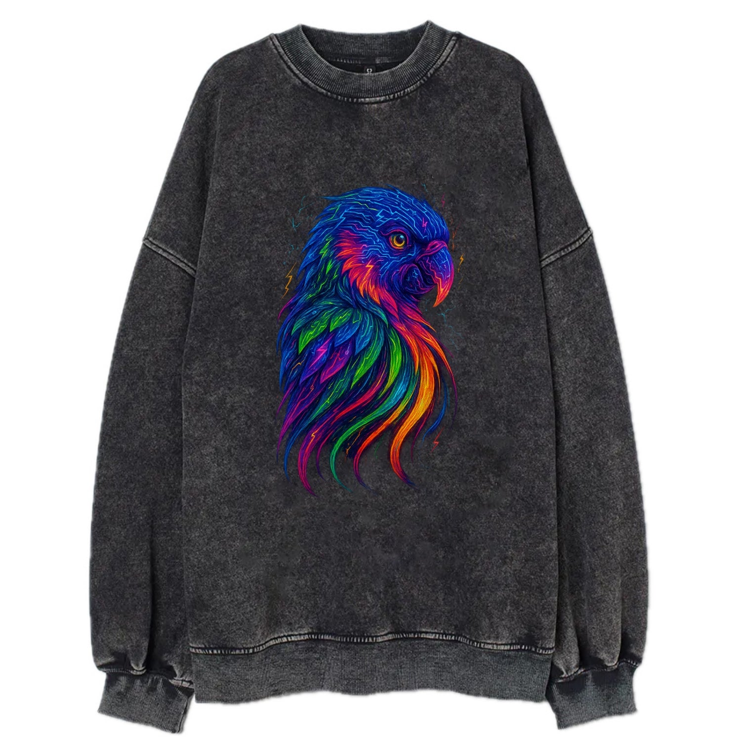 Vibrant parrot with feathers flowing into tropical rainbow streams, every - Vintage Sweatshirt - Black