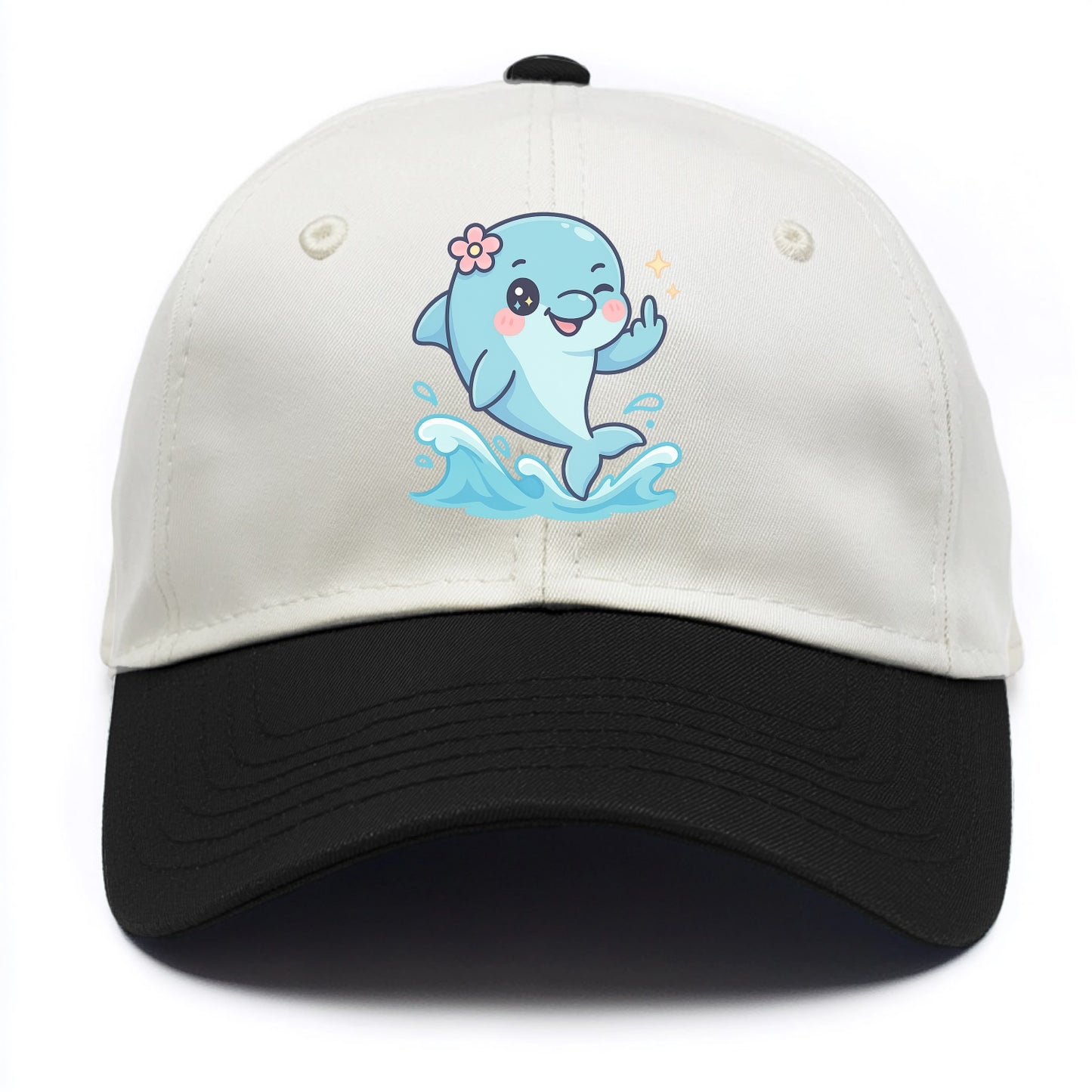 smiling dolphin jumping through ocean waves, one fin up with attitude - Two Tone Cap - Black