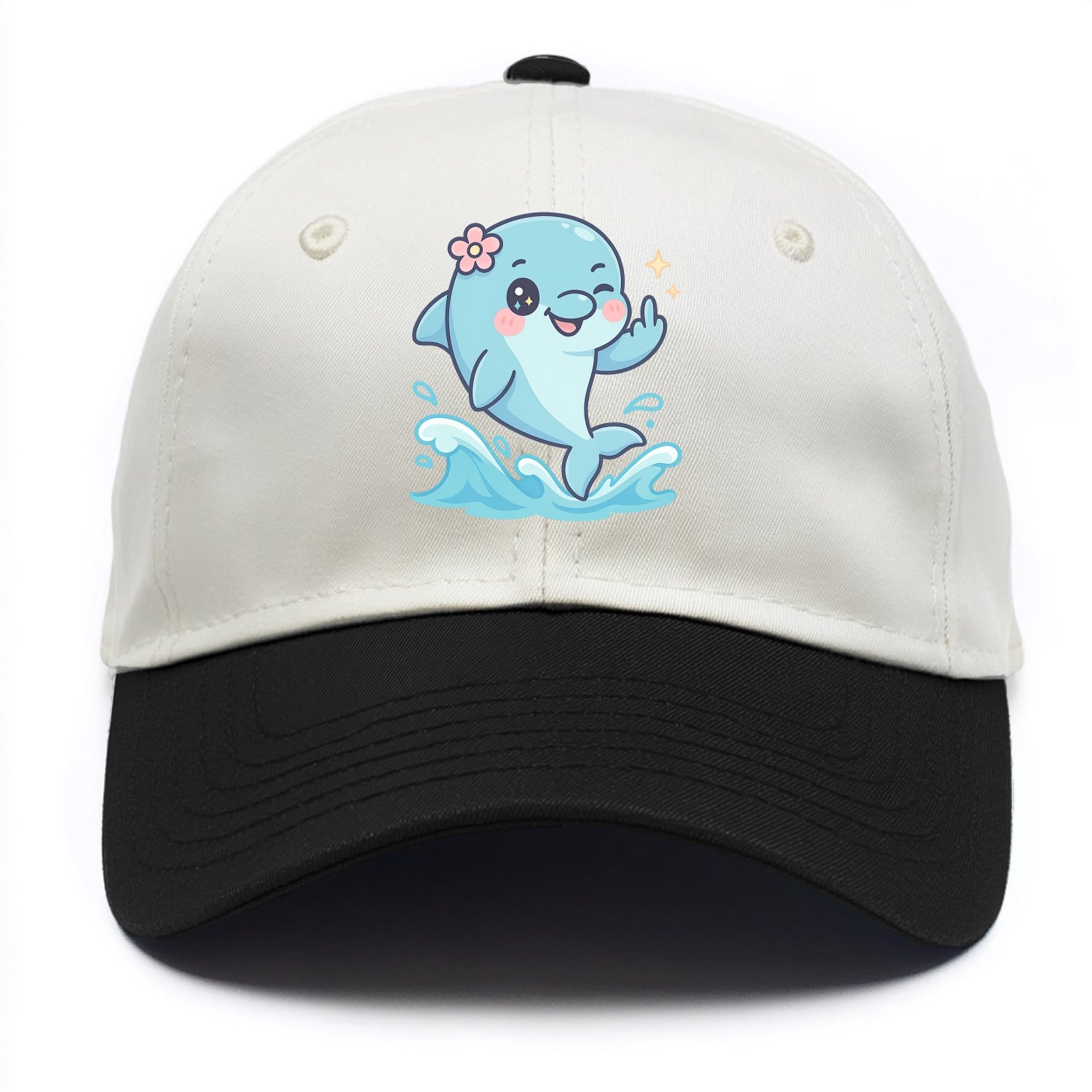 smiling dolphin jumping through ocean waves, one fin up with attitude - Two Tone Cap - Black