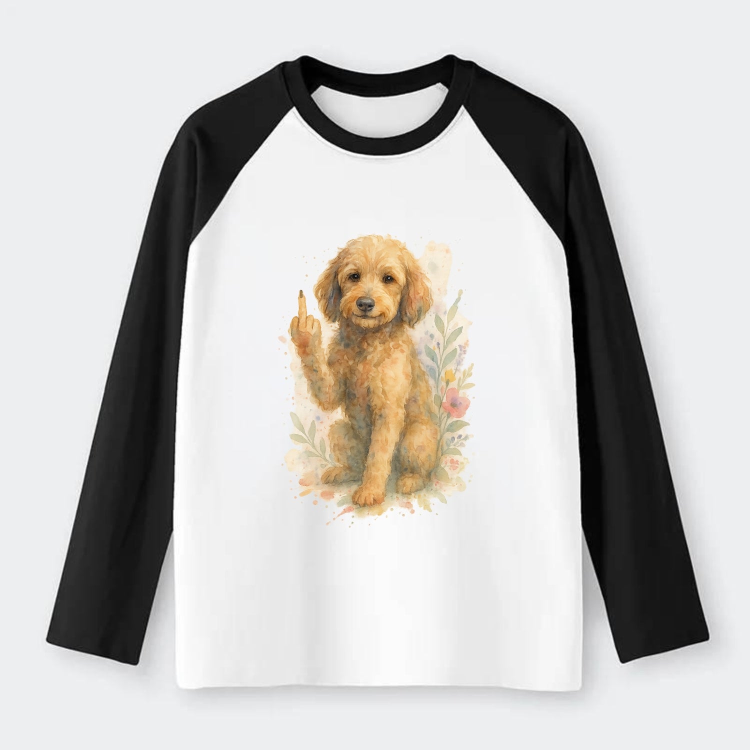 Labradoodle hypoallergenic with wavy coat, intelligent eyes, paw raised - Raglan Long Sleeve T-Shirt - Black