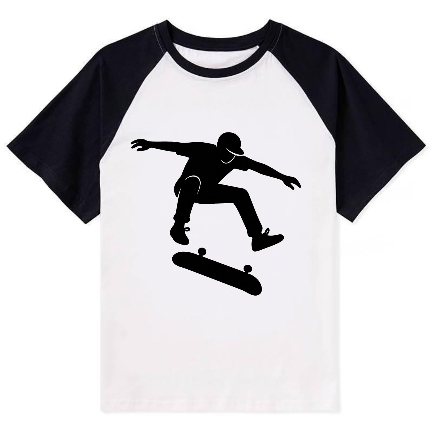 Skateboarder doing kickflip trick - Contrast Raglan T-shirt - Black