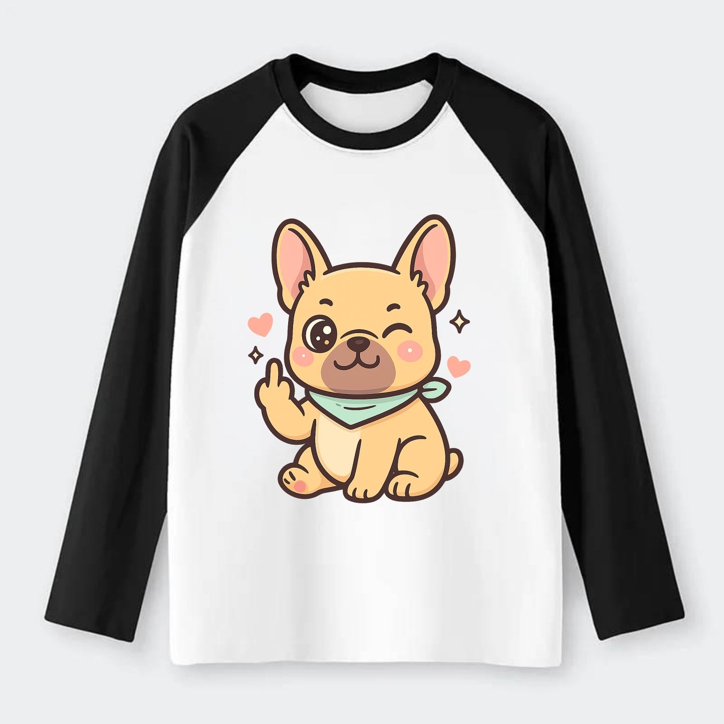French Bulldog sitting with bat ears up, strong paw with sass - Raglan Long Sleeve T-Shirt - Black