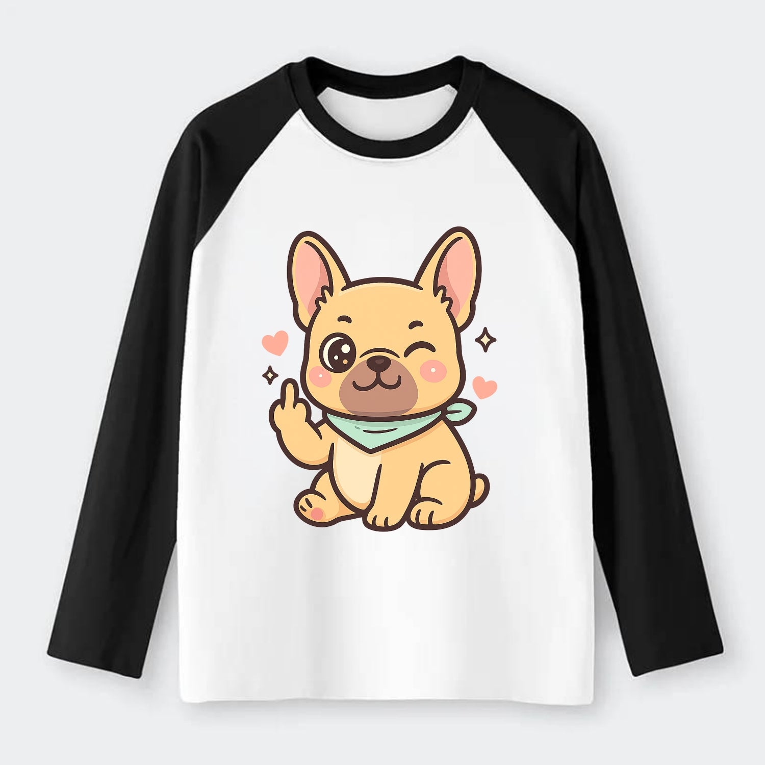 French Bulldog sitting with bat ears up, strong paw with sass - Raglan Long Sleeve T-Shirt - Black