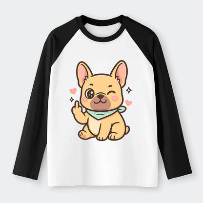 French Bulldog sitting with bat ears up, strong paw with sass - Raglan Long Sleeve T-Shirt - Black