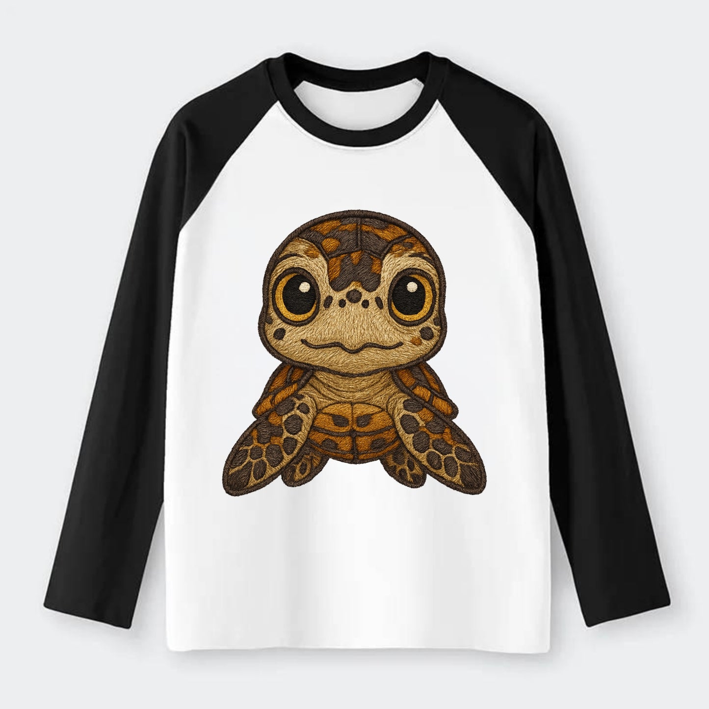 Baby Hawksbill Turtle - amber and brown shell pattern, curious golden - Raglan Long Sleeve T-Shirt - Black
