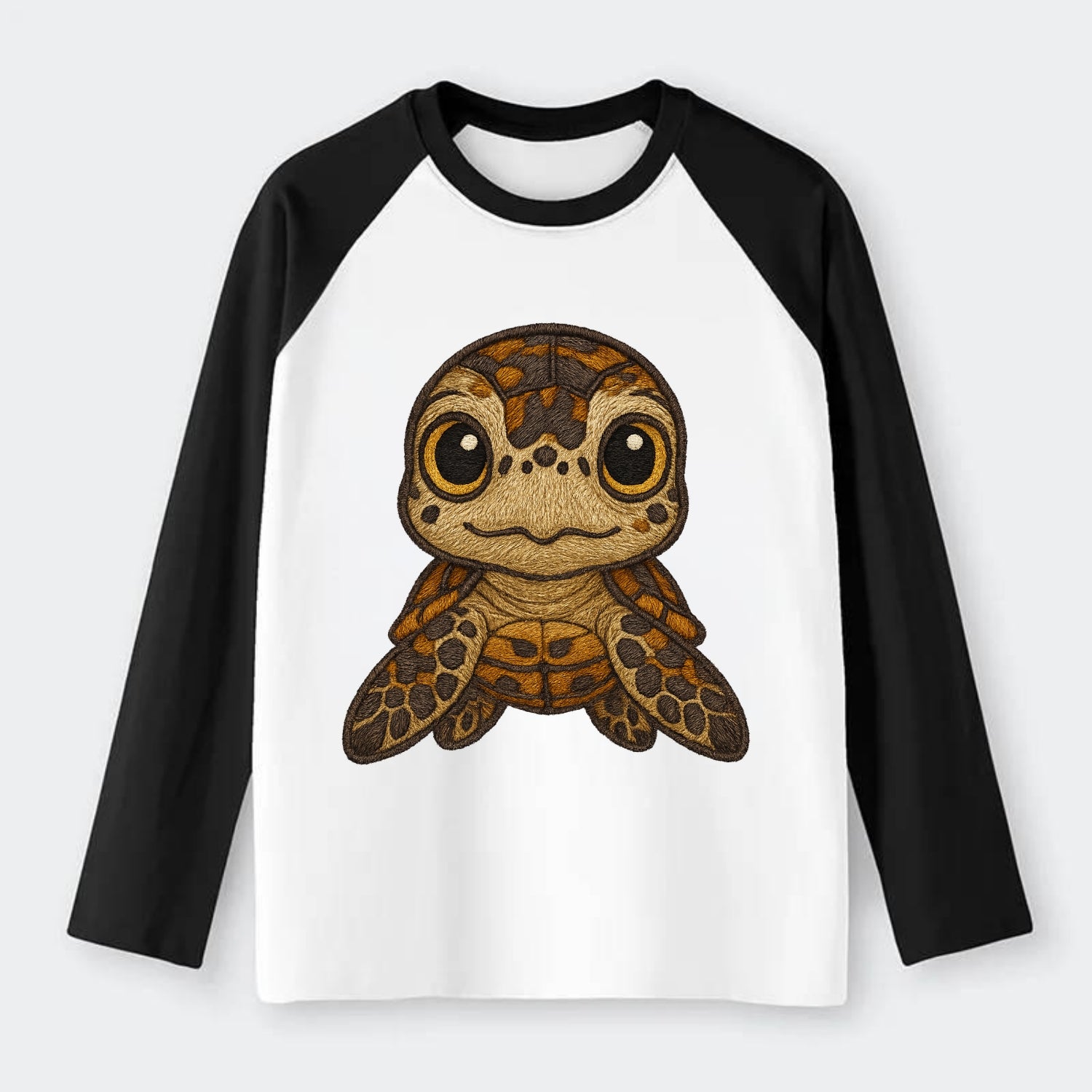Baby Hawksbill Turtle - amber and brown shell pattern, curious golden - Raglan Long Sleeve T-Shirt - Black