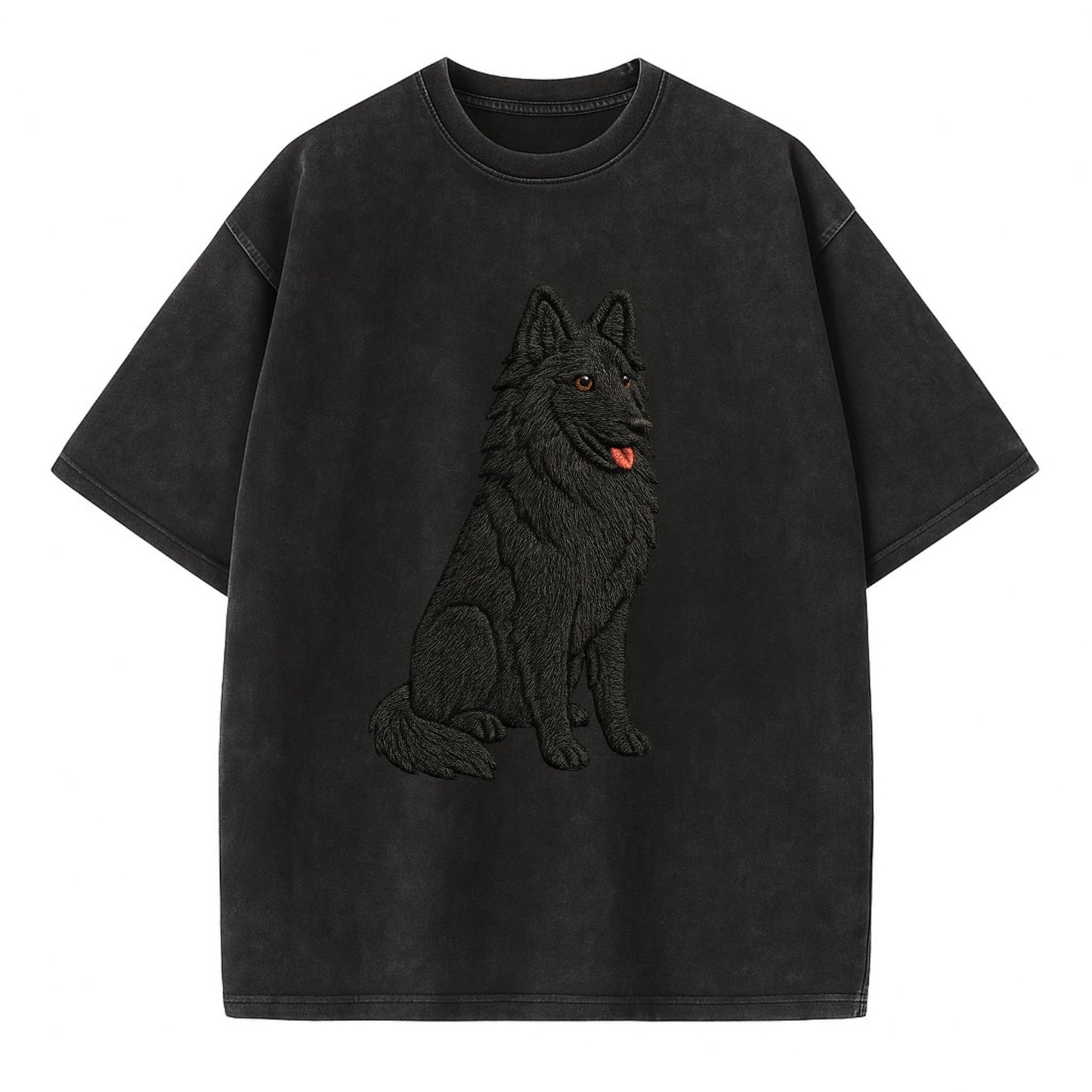 Belgian Sheepdog - Black long-haired embroidered pose - Vintage T-shirt - Black