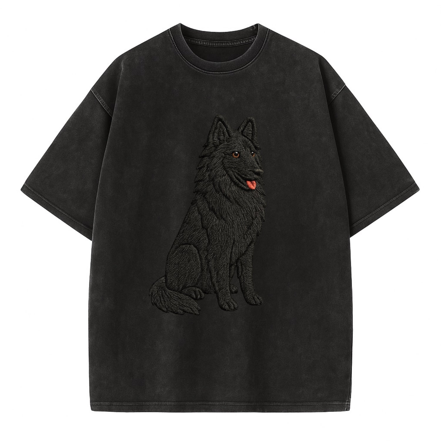 Belgian Sheepdog - Black long-haired embroidered pose - Vintage T-shirt - Black
