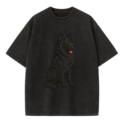 Belgian Sheepdog - Black long-haired embroidered pose - Vintage T-shirt - Black