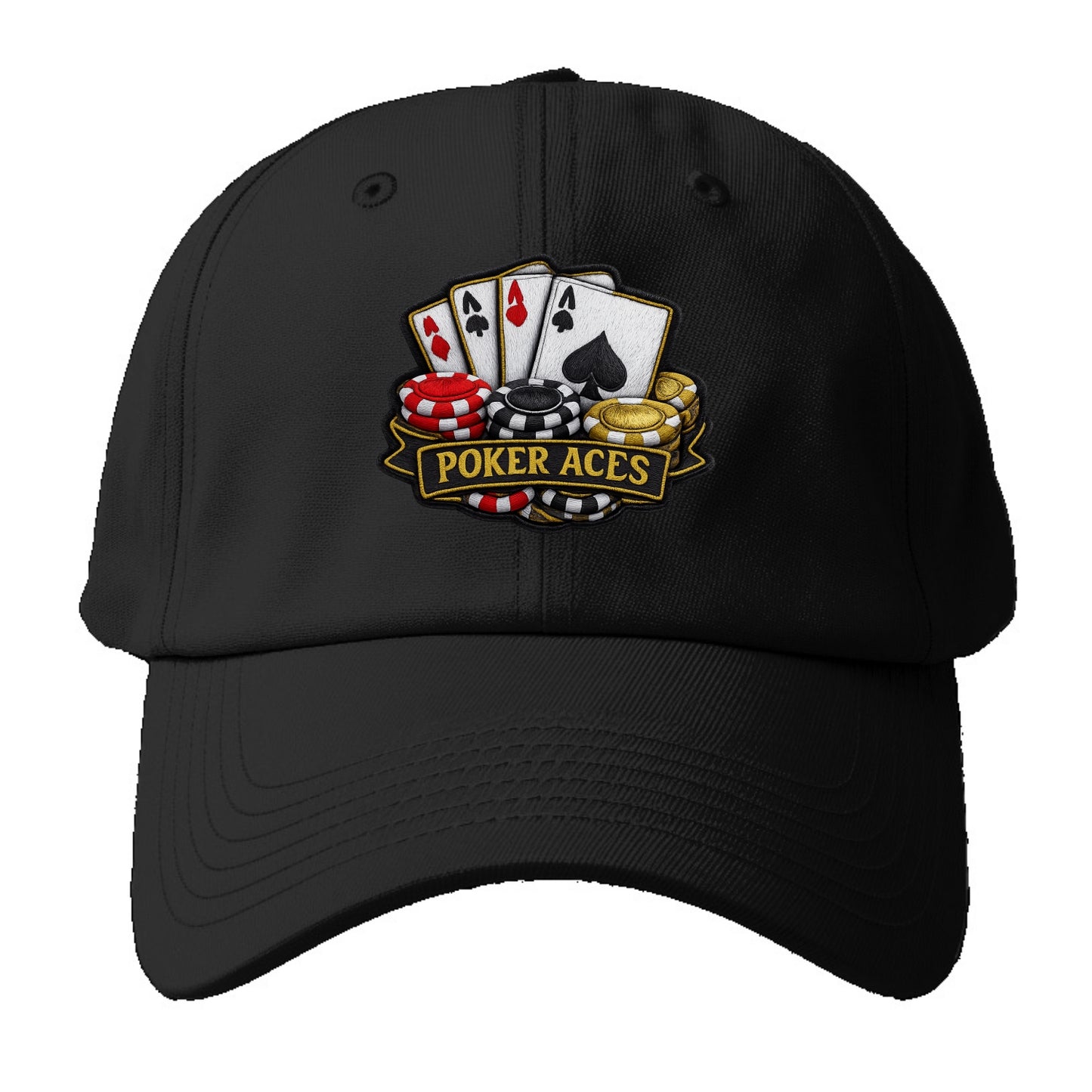 Embroidered patch design - POKER ACES - four aces with chips in red, black and gold - Baseball Cap - Black
