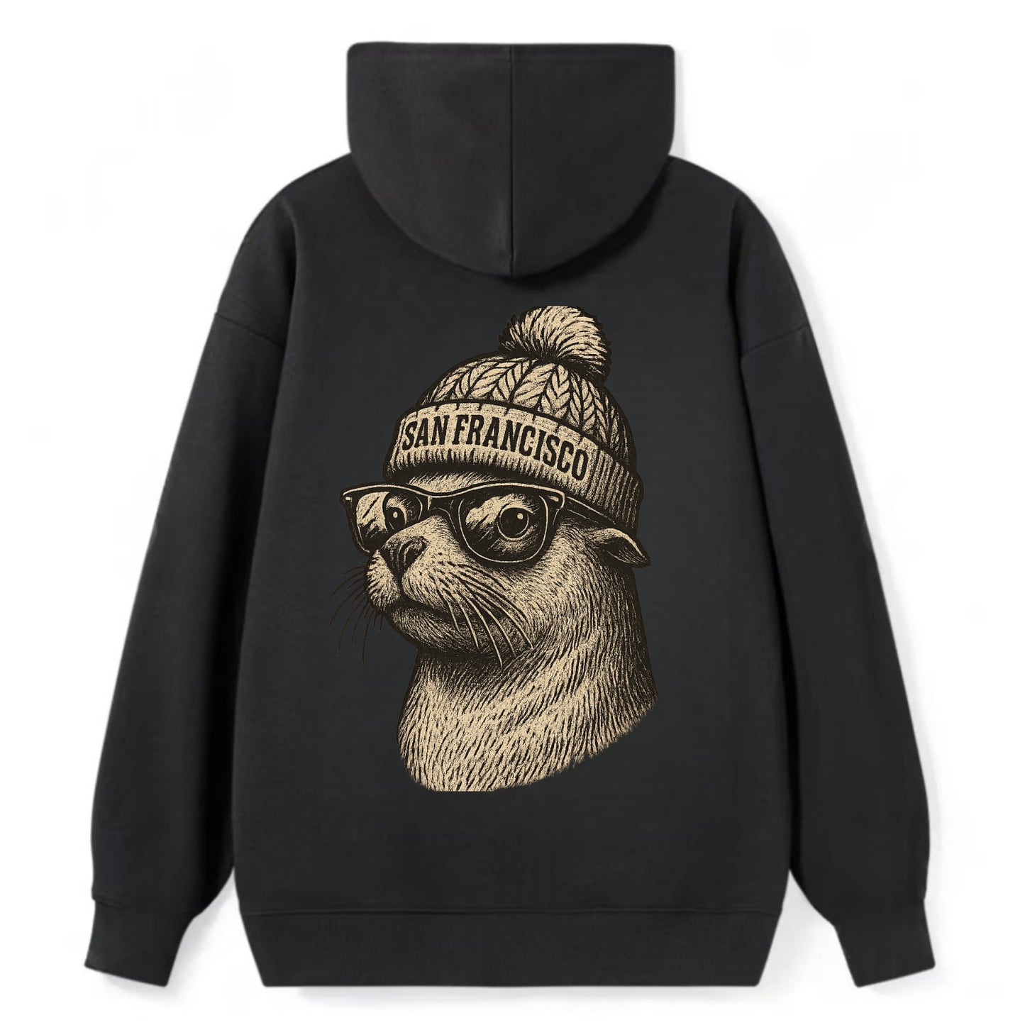 San Francisco Sea Lion wearing San Francisco beanie with pom pom and - Classic Pullover Hoodie - Black