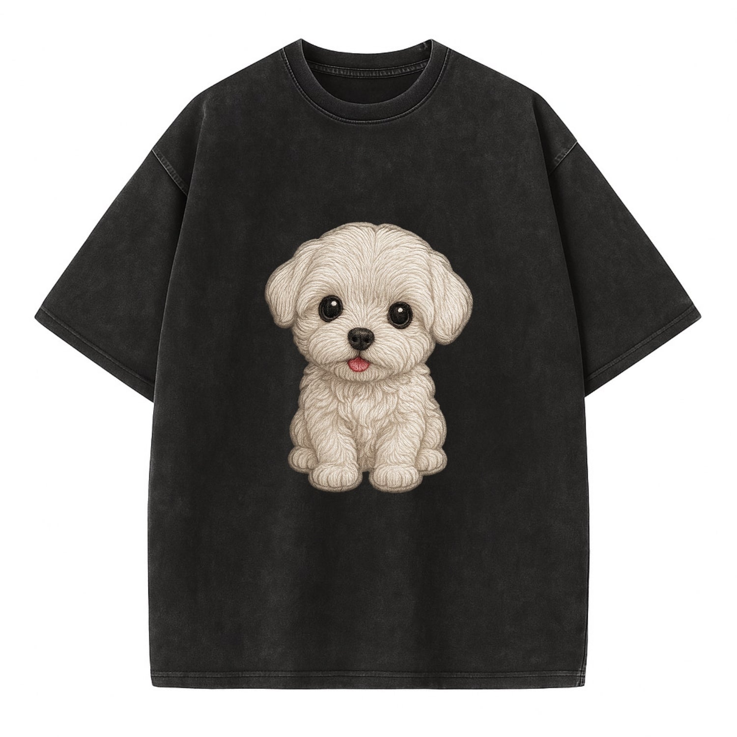 Baby Maltese Puppy - pure white silky coat, black button eyes, tiny nose, - Vintage T-shirt - Black