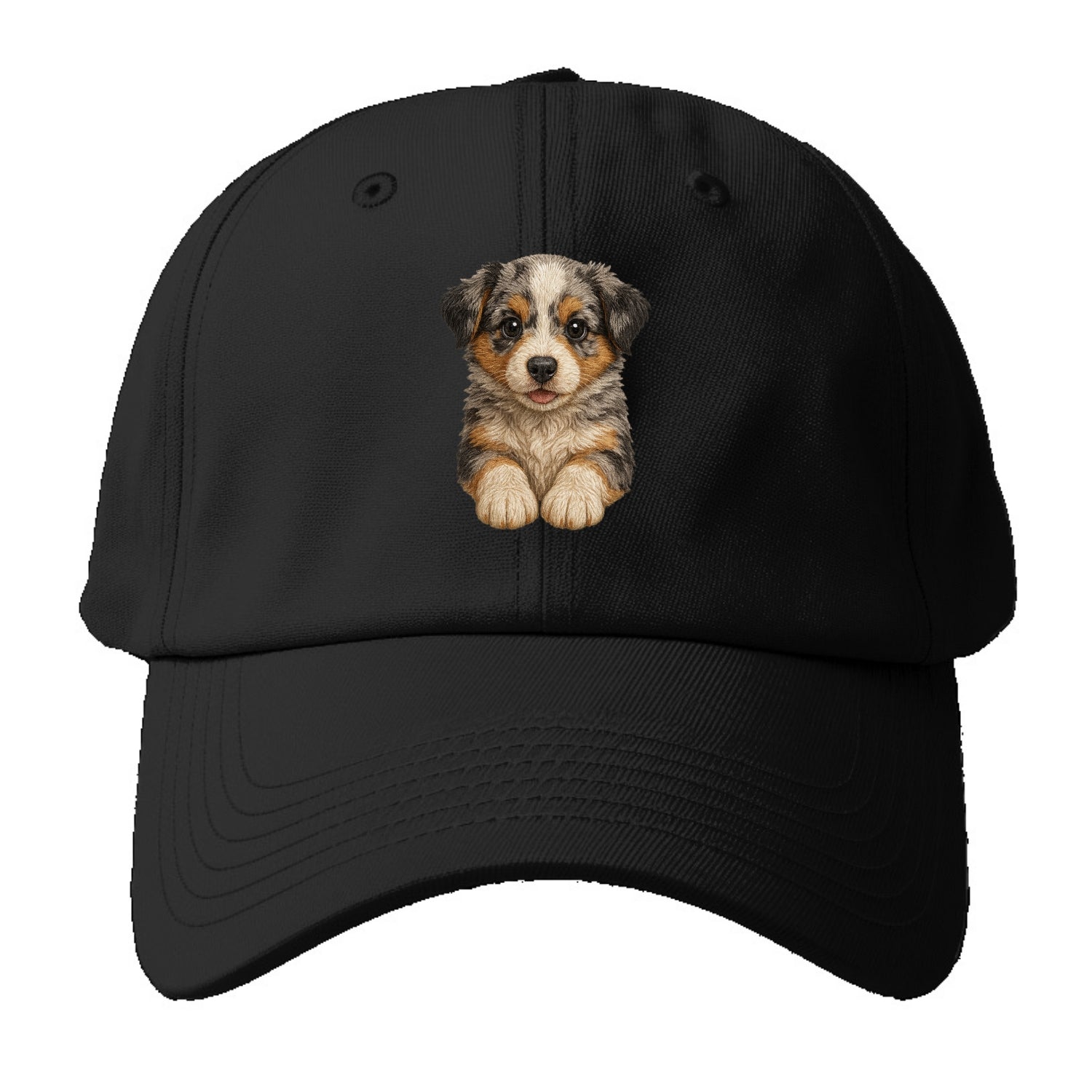 Baby Australian Shepherd Puppy - merle coat, bright eyes, fluffy, front-facing, - Baseball Cap - Black