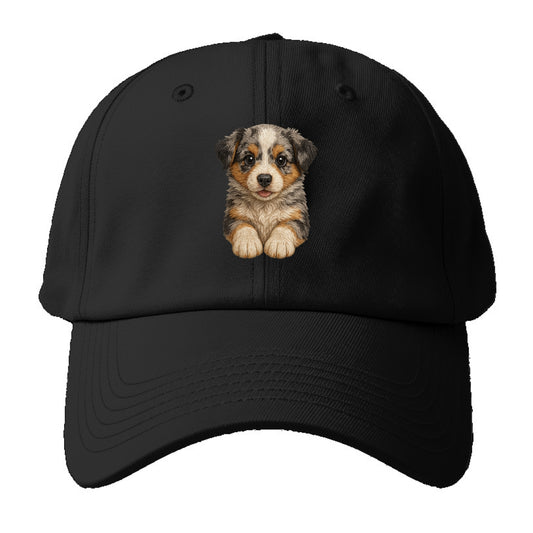 Baby Australian Shepherd Puppy - merle coat, bright eyes, fluffy, front-facing, - Baseball Cap - Black