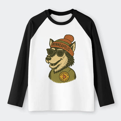 Minnesota Timber Wolf wearing Minneapolis beanie with pom pom and - Raglan Long Sleeve T-Shirt