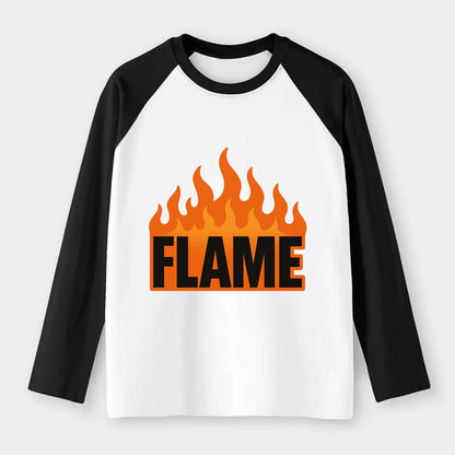 Bold typography design - "FLAME" - burning bright, passionate - Raglan Long Sleeve T-Shirt - Black