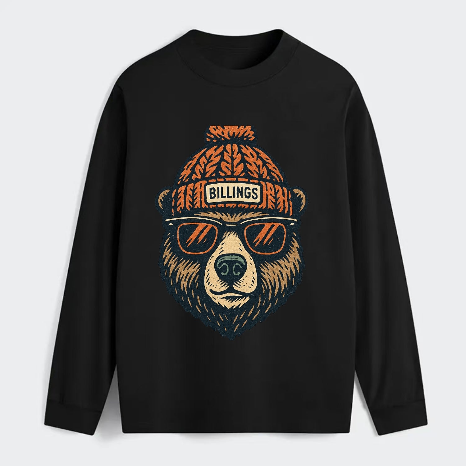Montana Grizzly Bear wearing Billings beanie with pom pom and wayfarer - Classic Long Sleeve Shirt - Black