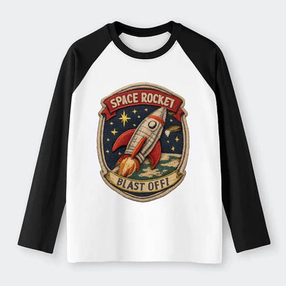 RETRO ROCKET - 1950s space rocket in silver and red , atomic age - Raglan Long Sleeve T-Shirt - Black