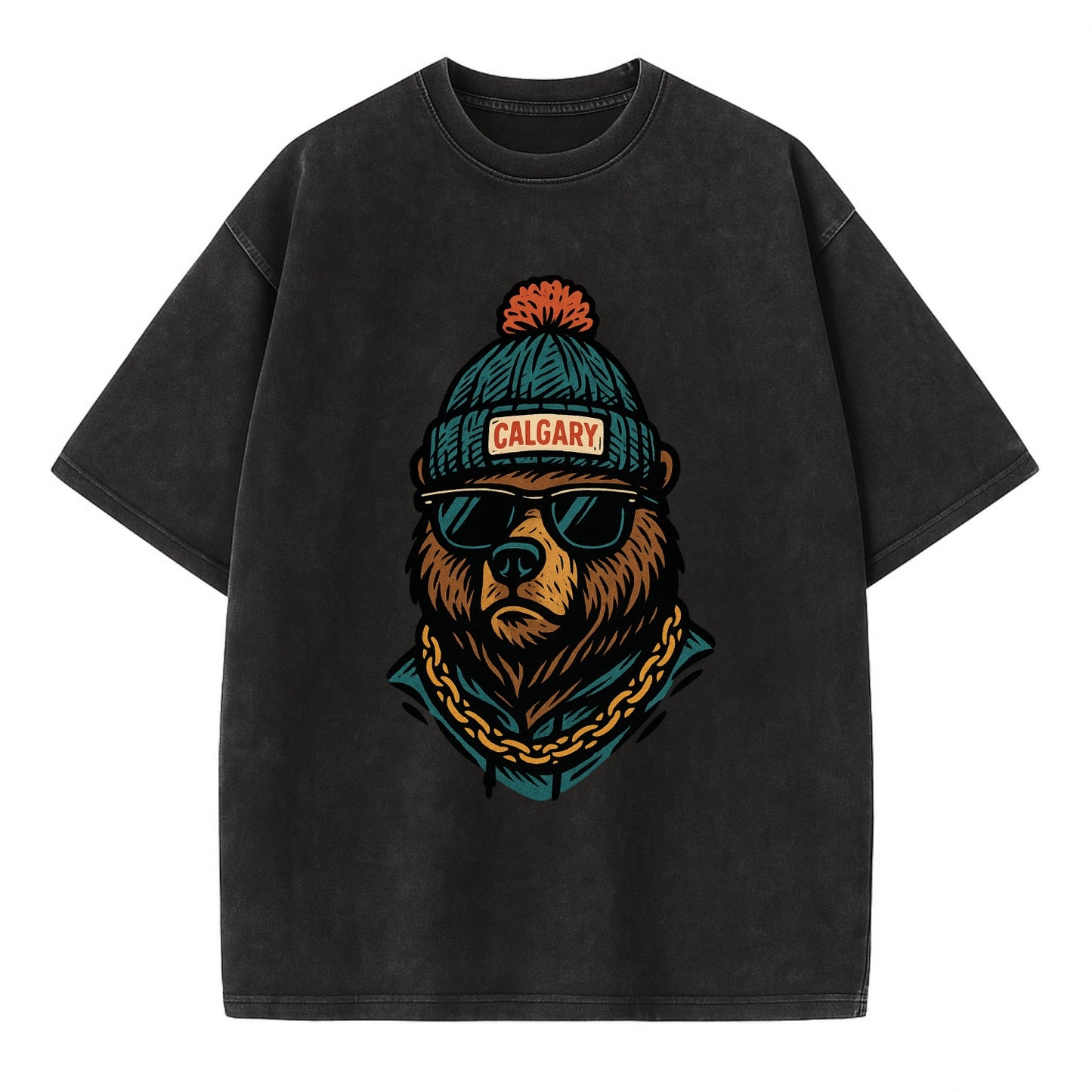Calgary Grizzly Bear wearing Calgary beanie with pom pom and wayfarer sunglasses - Vintage T-shirt - Black