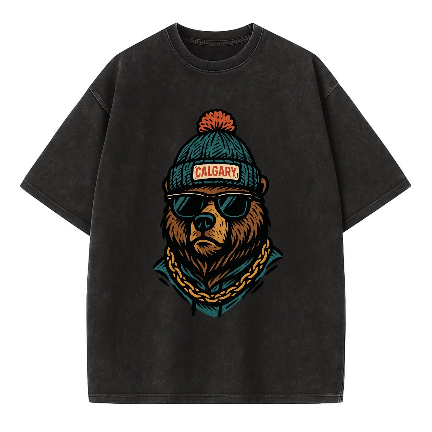 Calgary Grizzly Bear wearing Calgary beanie with pom pom and wayfarer sunglasses - Vintage T-shirt - Black