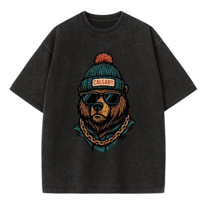 Calgary Grizzly Bear wearing Calgary beanie with pom pom and wayfarer sunglasses - Vintage T-shirt - Black