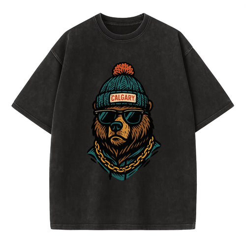 Calgary Grizzly Bear wearing Calgary beanie with pom pom and wayfarer sunglasses - Vintage T-shirt