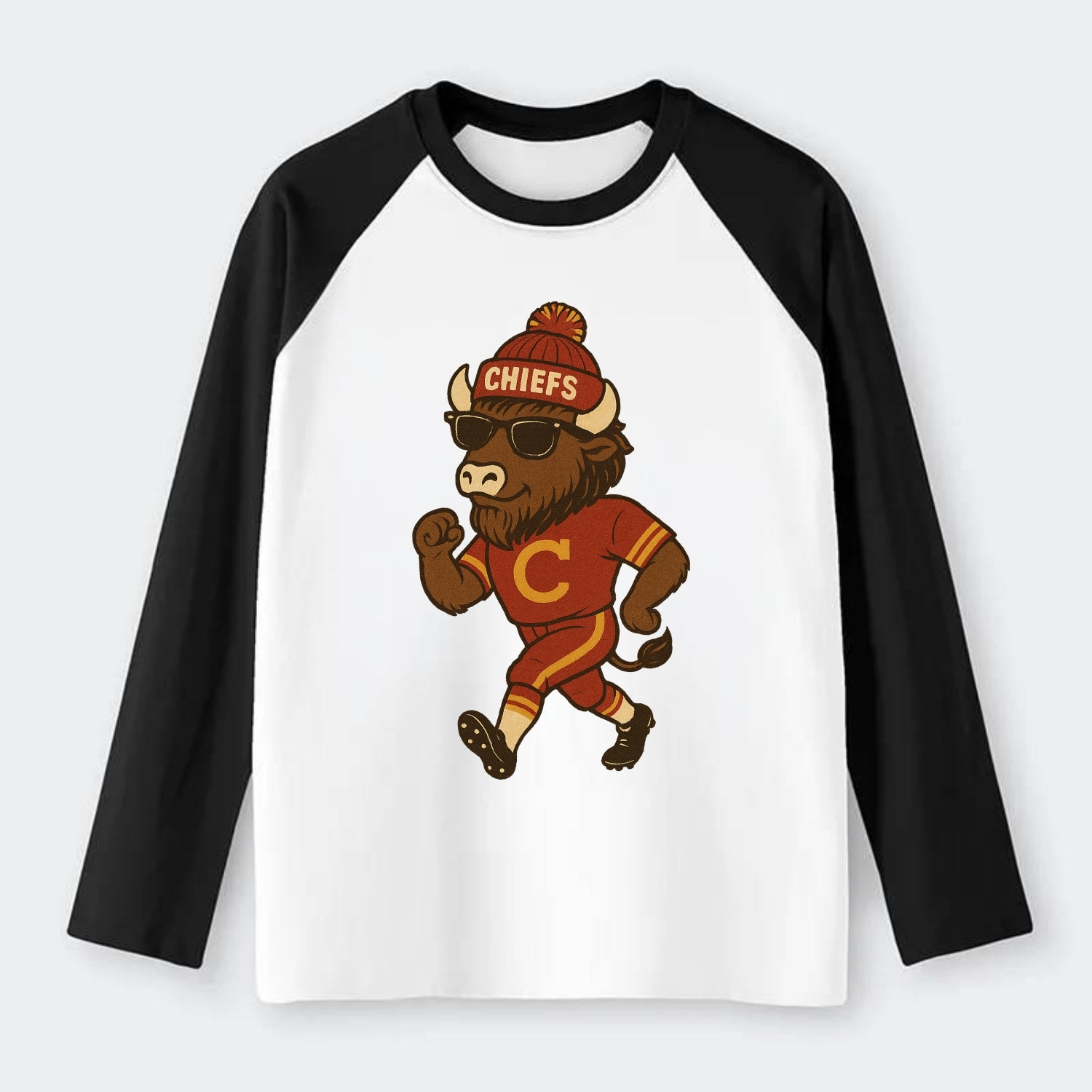 KC Bison wearing Chiefs beanie with arrowhead patch and wayfarer - Raglan Long Sleeve T-Shirt - Black