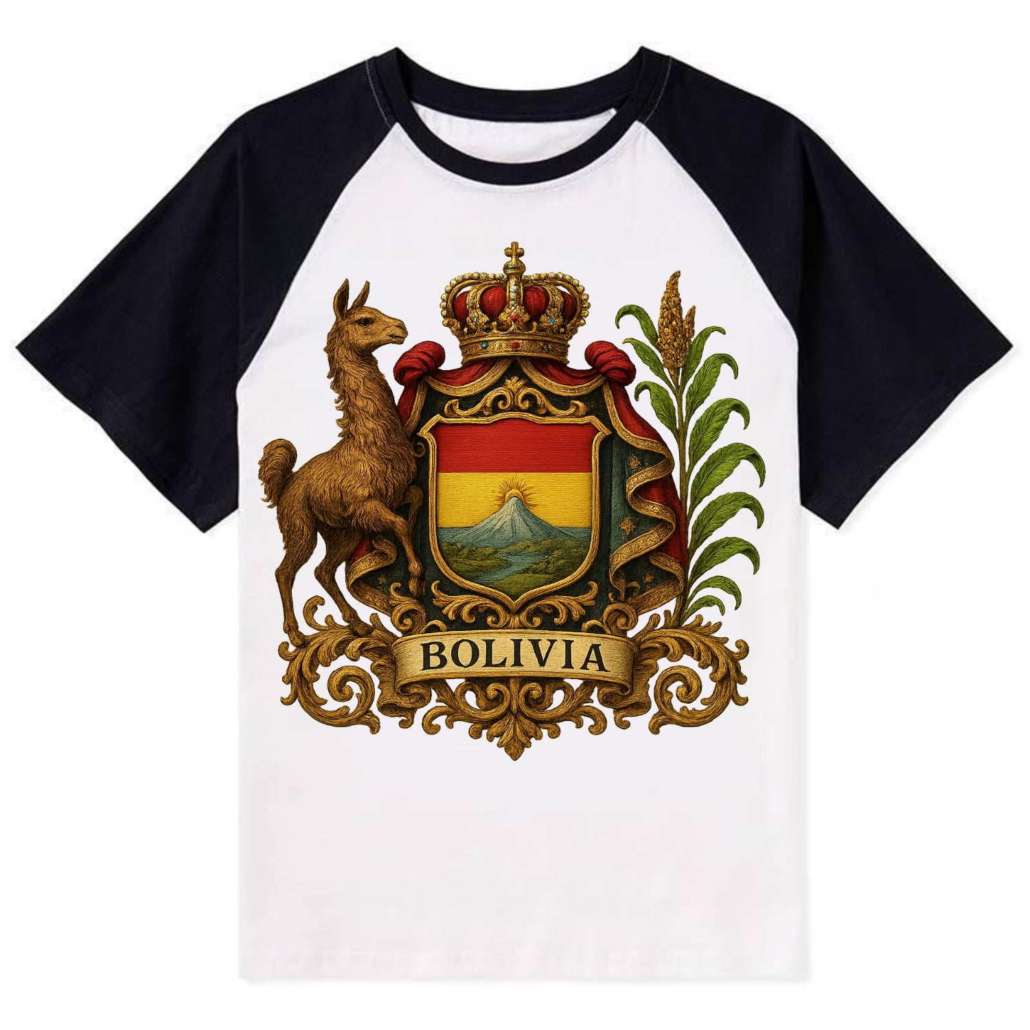Bolivia Royal Logo  - Contrast Raglan T-shirt - Black