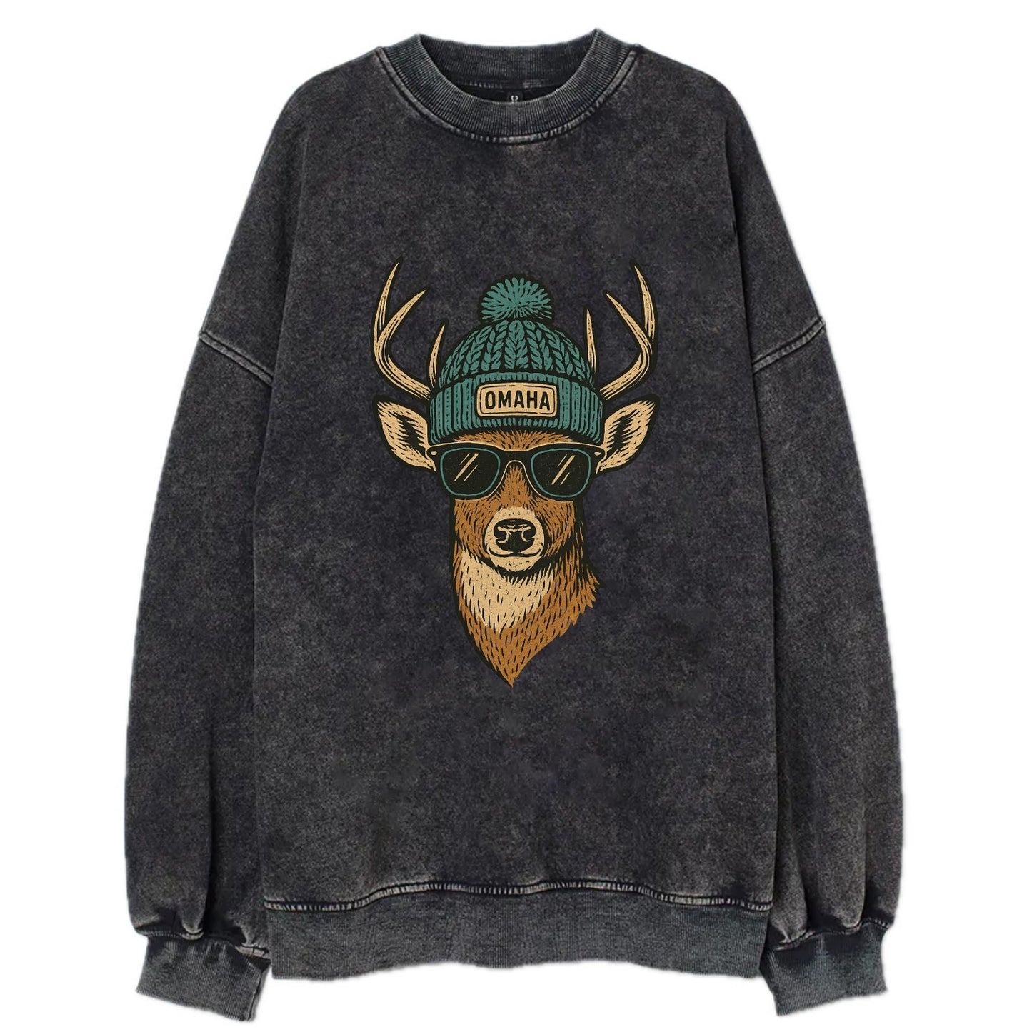 Nebraska White-tailed Deer wearing Omaha beanie with pom pom and wayfarer - Vintage Sweatshirt - Black